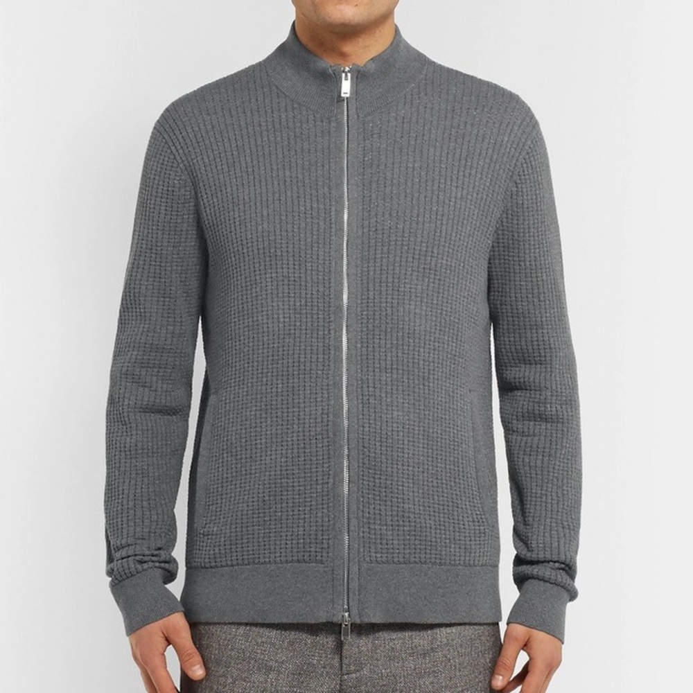 Theory -‎ Amadeo Waffle-Knit Cotton Zip-Up Men’s Gray Front Zip Cardigan Size M